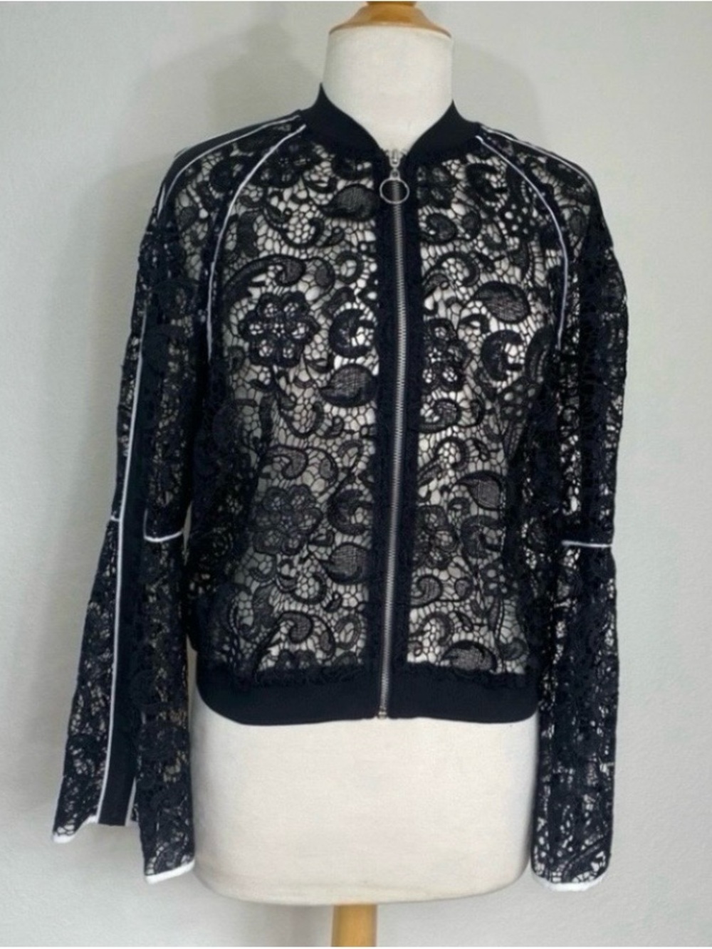 INC Womens Black Sheer Crochet Zip Bell Sleeve Jacket Streetwear Classic Size M